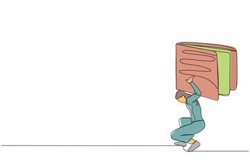 Poster - Continuous one line drawing of frustrated businesswoman carrying heavy wallet on her back. Tired hard working office employee. Financial economic crisis. Single line design vector graphic illustration