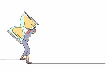 Poster - Continuous one line drawing frustrated businesswoman carrying hourglass on her back. Office worker with deadline problem. Schedule of business task. Single line draw design vector graphic illustration
