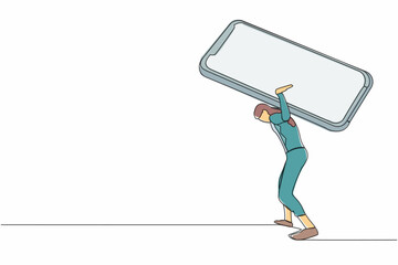 Poster - Single continuous line drawing of frustrated businesswoman carrying smartphone on her back. Depression, fatigue, mental stress due to overworked at office. One line graphic design vector illustration