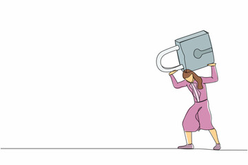 Poster - Single one line drawing frustrated businesswoman carrying padlock on her back. Business closing down or bankruptcy in Covid-19 pandemic lockdown crisis. Continuous line draw design vector illustration