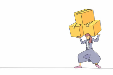 Poster - Continuous one line drawing frustrated businesswoman carrying stack of boxes on her back. Overworked worker with pile of cardboard. Stress at work. Single line draw design vector graphic illustration