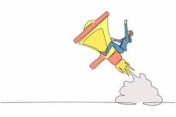 Poster - continuous one line drawing businesswoman riding megaphone rocket flying in the sky. storytelling wi