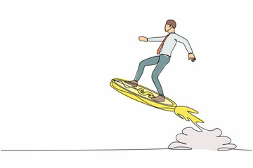 Poster - single continuous line drawing businessman riding dollar coin rocket flying in the sky. financial bo