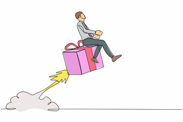 Poster - Single one line drawing businessman riding gift box rocket flying in the sky. Fast shipping or delivery concept. Cardboard box for moving and packaging. Continuous line draw design vector illustration
