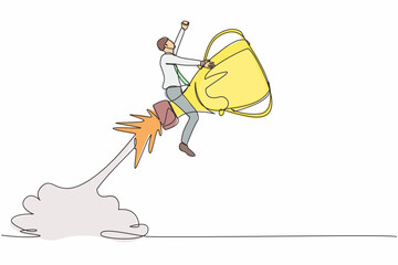 Poster - single one line drawing businessman riding trophy rocket flying in the sky. improve business ability