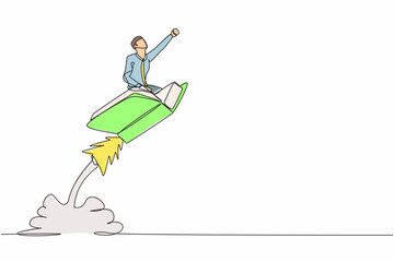 Poster - single continuous line drawing businessman riding book rocket flying in the sky. increase interest i