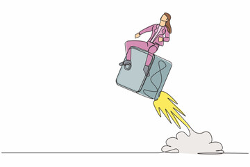 Poster - Continuous one line drawing businesswoman riding safe deposit box rocket flying in sky. Keeping money in bank, protecting savings in safe. Secure finance. Single line draw design vector illustration