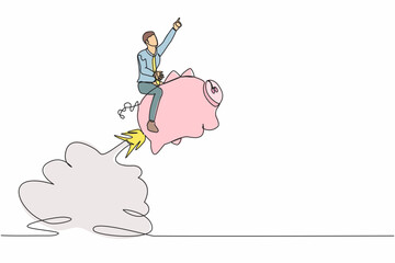 Poster - continuous one line drawing businessman riding piggy bank rocket flying in the sky. saving money con