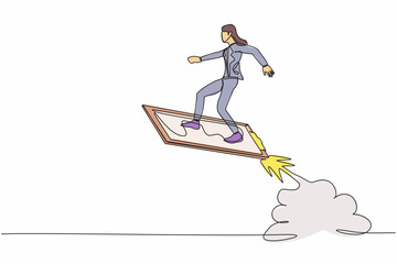Poster - Continuous one line drawing businesswoman riding clipboard rocket flying in the sky. Checklist data analyze of employee status. Company development. Single line draw design vector graphic illustration