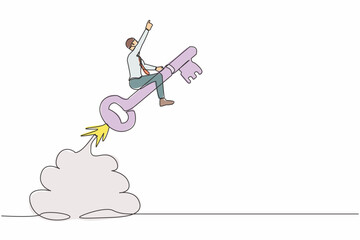Poster - single continuous line drawing businessman riding key rocket flying in the sky. discover key success