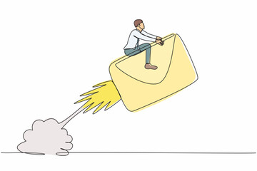 Poster - Continuous one line drawing businessman riding paper envelope rocket flying in the sky. Launch project. Social media, news, email, web development concept. Single line draw design vector illustration