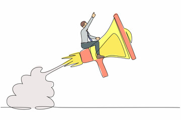 Poster - Single continuous line drawing businessman riding megaphone rocket flying in the sky. Fast communication, business soft skill to communicate with team or customer. One line design vector illustration