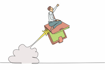 Poster - Single one line drawing businessman riding wallet rocket flying in the sky. Achievements in professional financial activities. Prosperous entrepreneur. Continuous line draw design vector illustration