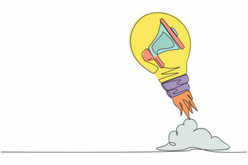 Poster - Single continuous line drawing megaphone launching with light bulb. Startup project acceleration. Successful portfolio, deal, contract signing. Dynamic one line draw graphic design vector illustration