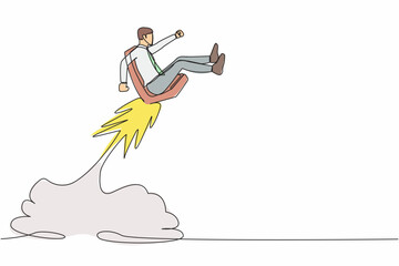 Poster - Single one line drawing of businessman riding office chair rocket flying in the sky. Boost your career development, job promoted to higher position. Continuous line design graphic vector illustration