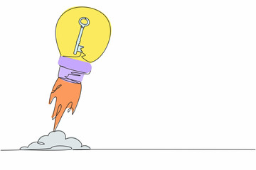 Poster - Single continuous line drawing key launching with light bulb. Key performance indicator skyrocket trough the sky. Tremendous business success metaphor. One line draw graphic design vector illustration