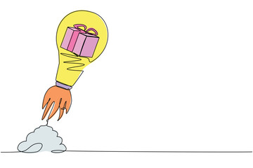 Poster - Single one line drawing of gift box launching with light bulb. Fast delivery online service, technology transportation express logistic company. Continuous line draw design graphic vector illustration