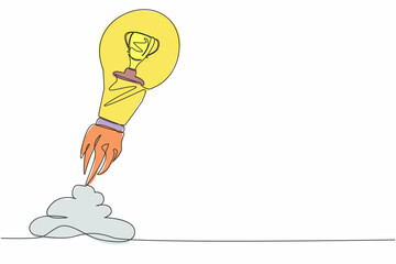 Poster - Single continuous line drawing of trophy launching with light bulb. Business startup idea for winning competition. Achievement and boost goals concept. One line draw graphic design vector illustration