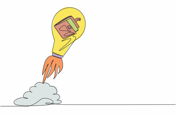 Poster - Single one line drawing open leather wallet launching with light bulb. Place to put money, dollar, credit and debit card holder and cash bag, deposit. Continuous line draw design vector illustration