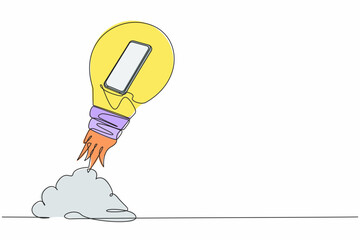 Poster - Continuous one line drawing of smartphone launching with light bulb. Successful business project start up, boost technology, innovation strategy release. Single line design vector graphic illustration