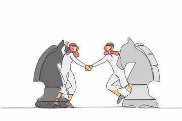 Poster - Continuous one line drawing Arabian businessman competitors standing on horse chess piece, handshaking after finish agreement. Negotiation skill and partnership. Single line design vector illustration