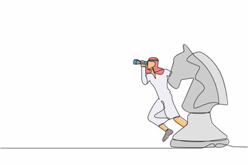 Poster - Single continuous line drawing Arabian businessman leader standing on horse chess piece using telescope to see business vision. Competitor analysis concept. One line graphic design vector illustration