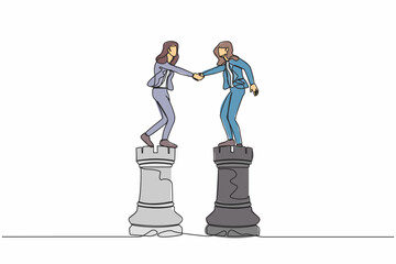 Poster - Continuous one line drawing businesswoman leader shaking hand on rook chess, metaphor of agreement. Collaboration strategy to success together concept. Single line design vector graphic illustration