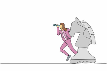 Poster - Single continuous line drawing businesswoman leader standing on horse chess piece using telescope to see business vision. Leader make decision or opportunity. One line draw design vector illustration