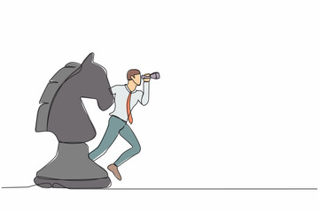 Poster - Single one line drawing businessman leader standing on horse chess piece using telescope to see business vision. Planning strategy, leadership vision. Continuous line draw design vector illustration
