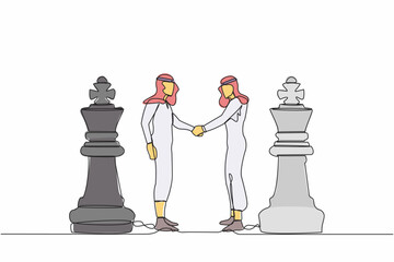 Poster - Continuous one line drawing two Arab businessmen shaking hands together while standing between of king chess pieces. Agreement or partnership decision. Single line design vector graphic illustration