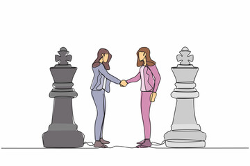Poster - Continuous one line drawing two businesswomen shaking hands together while standing between of king chess pieces. Negotiation skill to deal with competitor. Single line draw design vector illustration