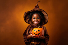 Portrait Of Candid Authentic Happy African American Little Girl Holding Scary Jack O Lantern Pumpkin