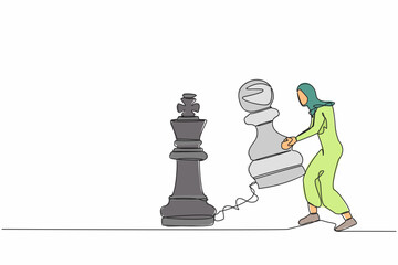 Wall Mural - Continuous one line drawing Arab businesswoman lifting pawn chess piece to beat king chess. Strategic planning, business development strategy, tactics in game. Single line design vector illustration