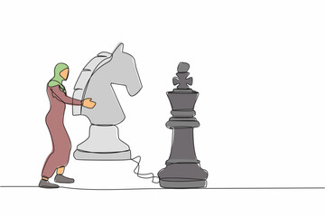 Poster - Single one line drawing Arab businesswoman holding horse chess piece to beat king chess. Business development strategy, winning competition, tactics in game. Continuous line design vector illustration