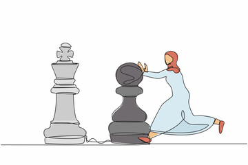 Poster - single continuous line drawing attractive arabian businesswoman push huge pawn chess piece to beat k
