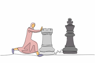 Poster - Single one line drawing Arabian businesswoman push huge rook chess piece to beat king. Business strategy to winning market competition. Strategic move. Continuous line draw design vector illustration