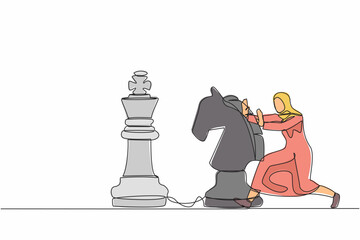 Poster - Single continuous line drawing attractive Arab businesswoman push huge horse chess piece to beat king. Strategic thinking and smart move in business play game. One line draw design vector illustration