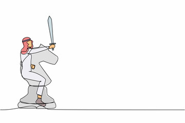 Poster - Continuous one line drawing Arabian businessman riding big horse chess piece with sword. Business strategy, winning competition, achievement goal concept. Single line draw design vector illustration