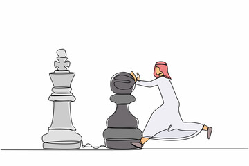 Poster - Continuous one line drawing intellect Arab businessman push huge pawn chess piece to beat king. Strategic thinking and smart move in business play game. Single line design vector graphic illustration