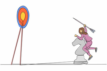 Poster - single continuous line drawing of competitive businesswoman holding dart arrow and aiming target whi