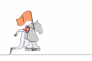 Poster - Single continuous line drawing happy Arabian businessman running and holding flag beside big horse chess piece. Business achievement goal, win competition. One line graphic design vector illustration