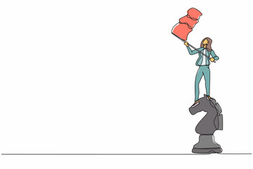 Poster - Single one line drawing businesswoman standing on top of big horse chess piece and waving a flag. Defeat competitors in business as winning chess game. Continuous line draw design vector illustration