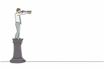Poster - Continuous one line drawing businessman on top of rook chess piece pointing and using telescope looking for success, opportunities. Successful business strategy concept. Single line draw design vector