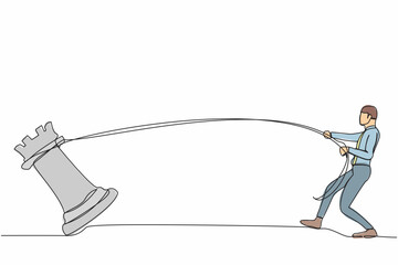Poster - single continuous line drawing businessman pulling big rook chess with rope. business achievement go