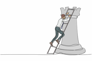 Poster - Continuous one line drawing active businessman climb huge rook chess piece with ladder. Company strategy success using powerful move for advantage. Single line draw design vector graphic illustration