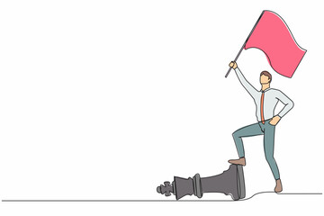 Poster - Continuous one line drawing businessman waving flag and overcoming other corporation piece. Defeat competitor in business as winning chess game tiny person. Single line draw design vector illustration