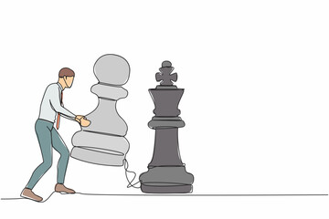 Poster - Single one line drawing businessman lifting pawn chess piece to beat king chess. Strategic planning, business development strategy, tactics in game. Continuous line graphic design vector illustration