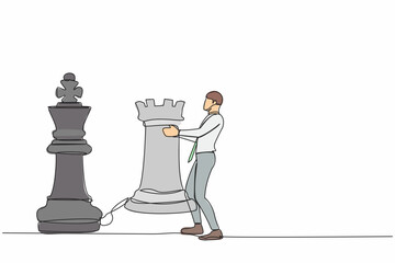 Poster - Single continuous line drawing businessman holding rook chess piece. Concept of strategic planning, business development strategy, tactics in entrepreneurship. One line draw design vector illustration