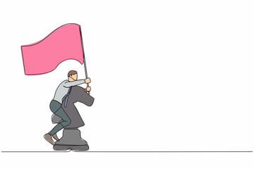 Poster - continuous one line drawing motivation businessman riding big horse chess piece and holding flag, st