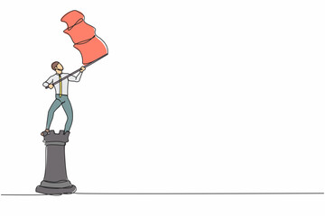 Poster - Single one line drawing businessman standing on top of big rook chess piece and waving a flag. Successful leadership. Strategy winning competition. Continuous line design graphic vector illustration